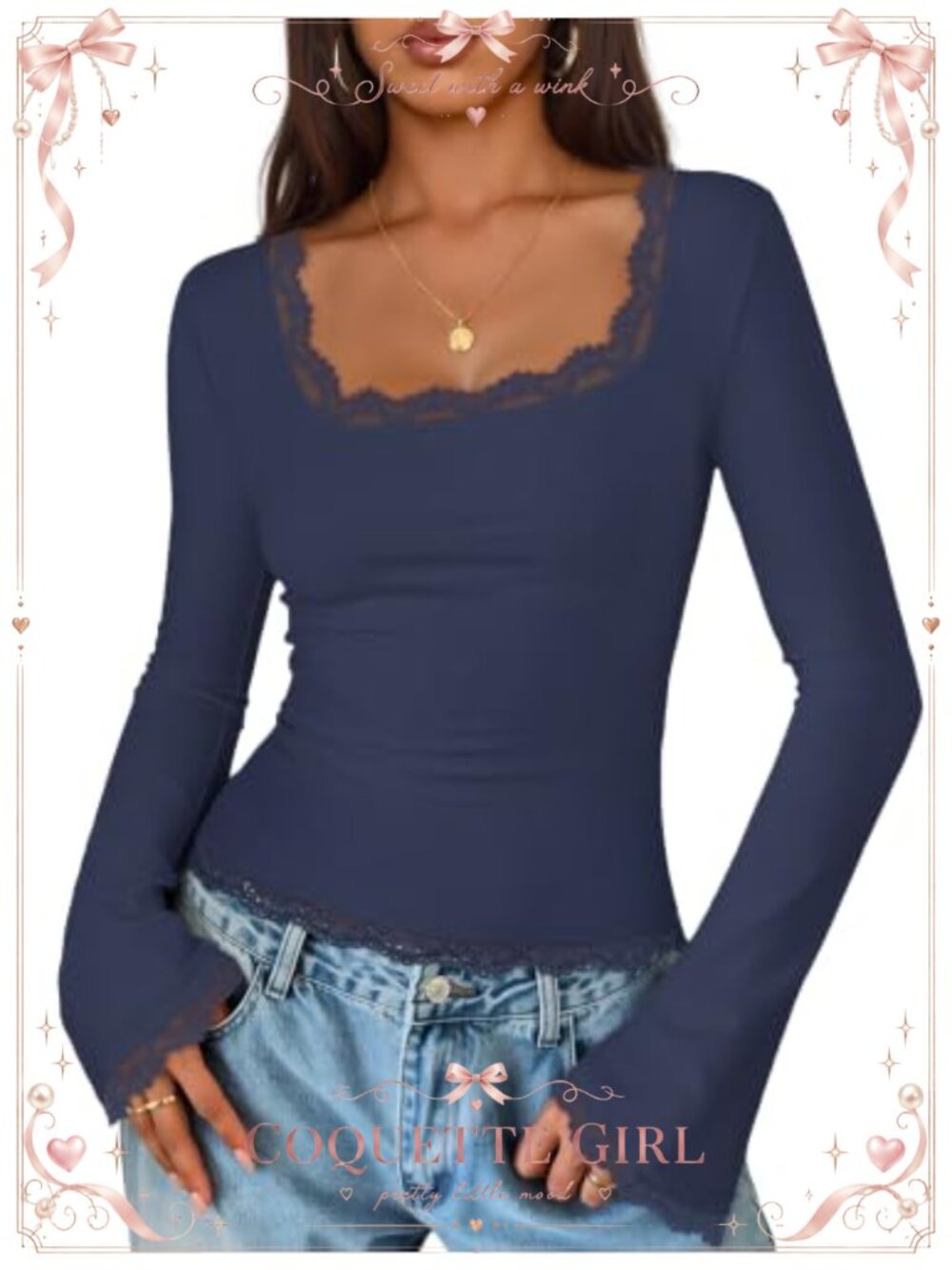 Womens Square Neck Long Bell Sleeve Crop Top Lace Blouse